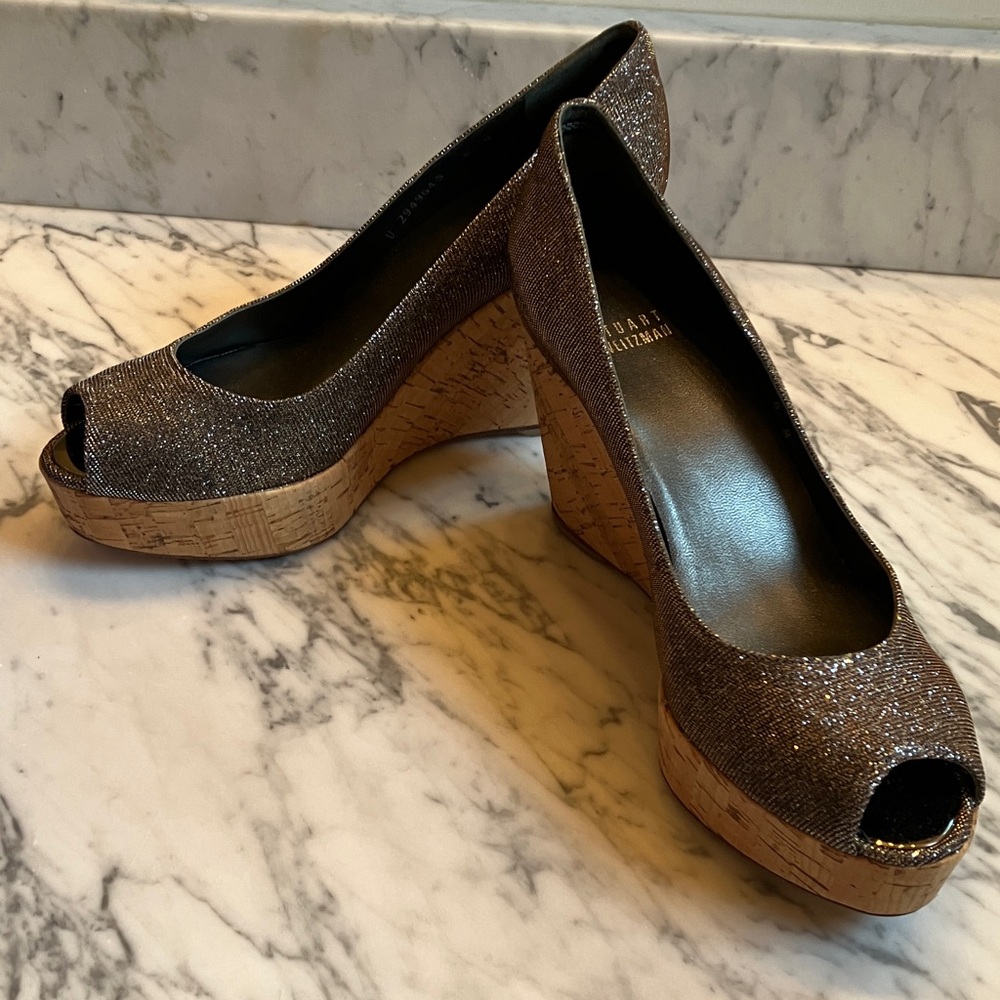 Stuart Weitzman Silver Glitter Peep-Toe Wedges